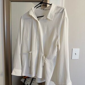 Calvin Klein White Button-Up Blouse with Drawstrings
